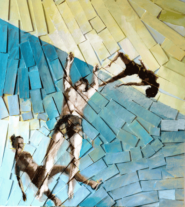 Painting of 3 acrobats leaping in an Abstract Composition